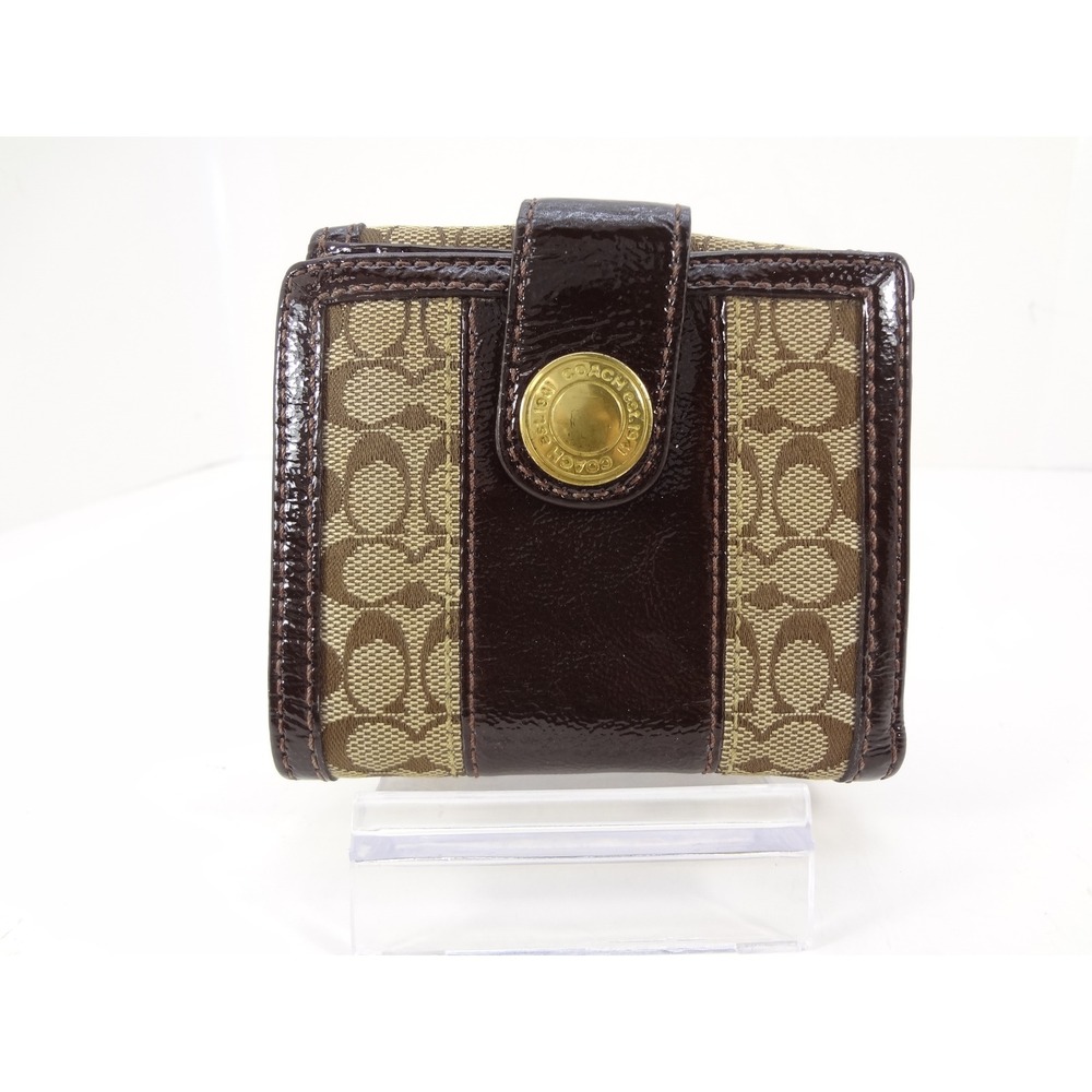 Coach Signature C Canvas Patent Leather Bifoldโ Wallet Brown Tan Gold Medallion